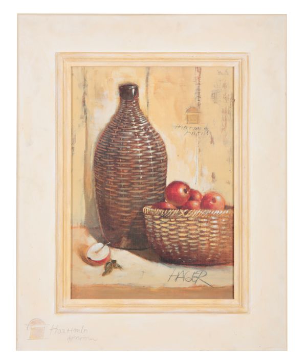 ... HAGER (20th Century) A still life study of a basket of apples and a bottle