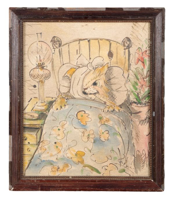 ATTRIBUTED TO LOUIS WILLIAM WAIN (1860-1939) An angry bandaged cat in bed