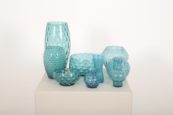 BOHEMIA GLASS: A SEA BLUE TALL BARREL FORM VASE