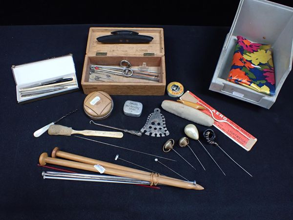 A COLLECTION OF SEWING EQUIPMENT, HAT PINS