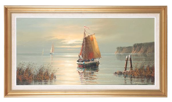 CONTINENTAL SCHOOL, 20TH CENTURY Coastal scene with boats and figures