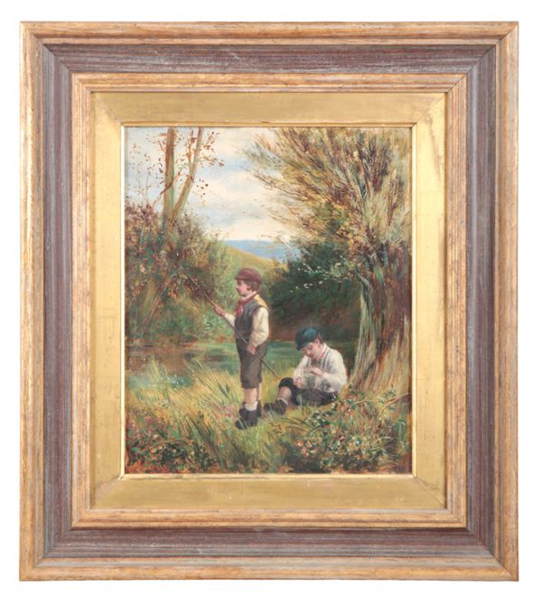 ENGLISH SCHOOL, 20TH CENTURY Two Victorian boys fishing by a riverside