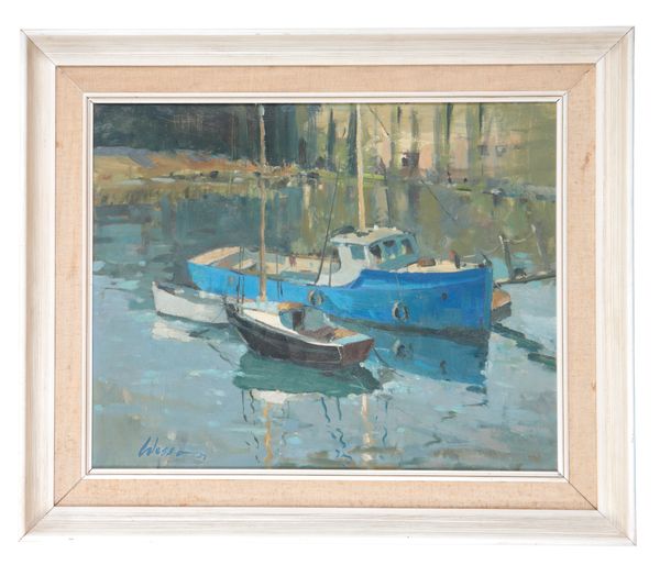 *EDWARD WESSON (1910-1983) Moored boats on a river