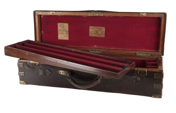 JAMES PURDEY & SON, LONDON: A LEATHER AND OAK TRIPLE GUN CASE