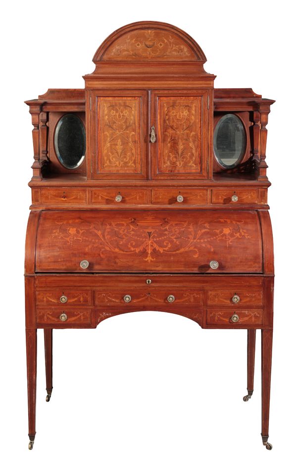 AN EDWARDIAN WALNUT AND MARQUETRY CYLINDER BUREAU