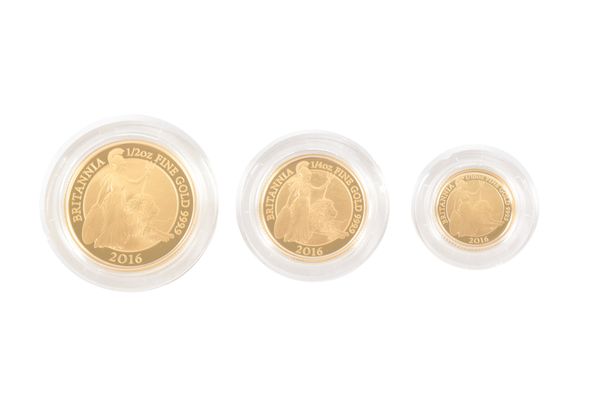 THE ROYAL MINT: A 2016 BRITANNIA PREMIUM THREE PIECE GOLD PROOF COIN SET