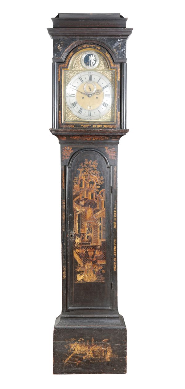 A BLACK LACQUERED LONGCASE CLOCK IN CHINOISERIE TASTE