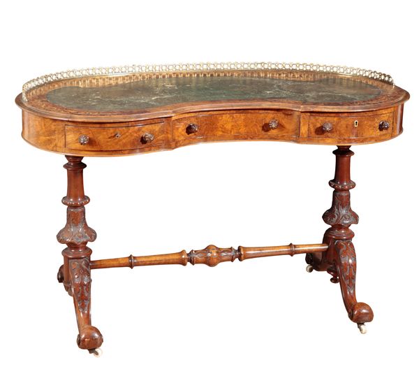 A VICTORIAN WALNUT AND MARQUETRY KIDNEY-SHAPED WRITING DESK