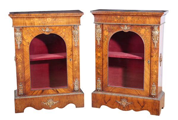 A PAIR OF VICTORIAN WALNUT AND MARQUETRY PIER CABINETS