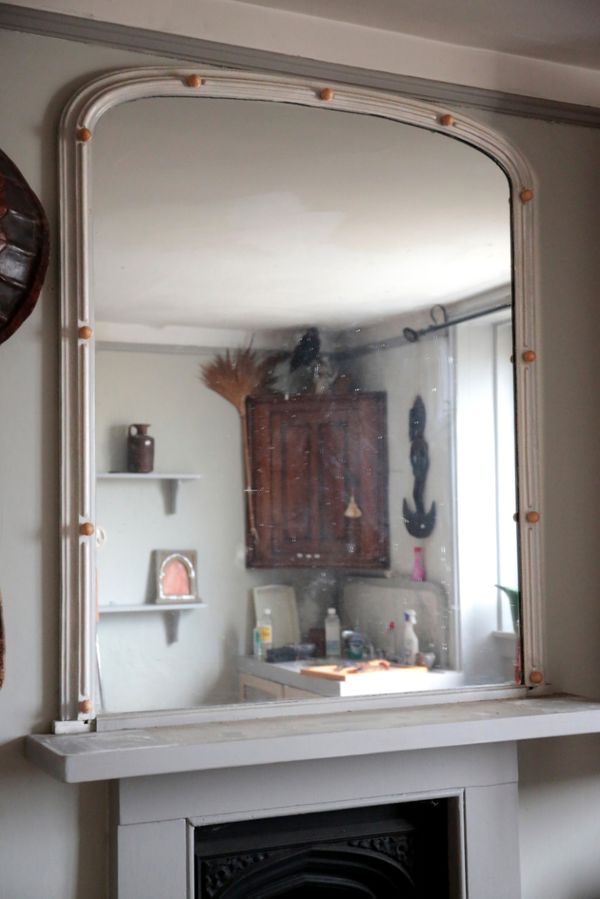 A VICTORIAN GREY-PAINTED OVERMANTEL MIRROR