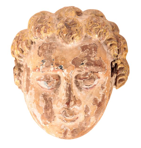 A GOANESE CARVED WOOD AND POLYCHROME PAINTED HEAD
