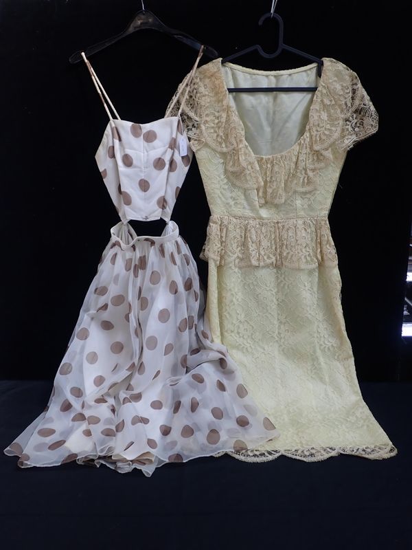 A CREAM AND BROWN SPOT TWO PIECE COUTURE MADE SKIRT AND TOP