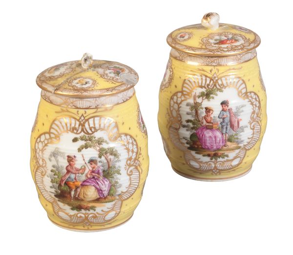 A PAIR OF MEISSEN AUGUSTUS REX PORCELAIN CONDIMENT POTS