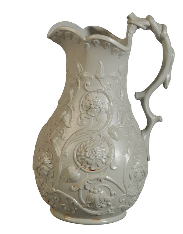 A RIDGWAY & CO PALE GREEN POTTERY ‘CHRYSANTHEMUM’ JUG