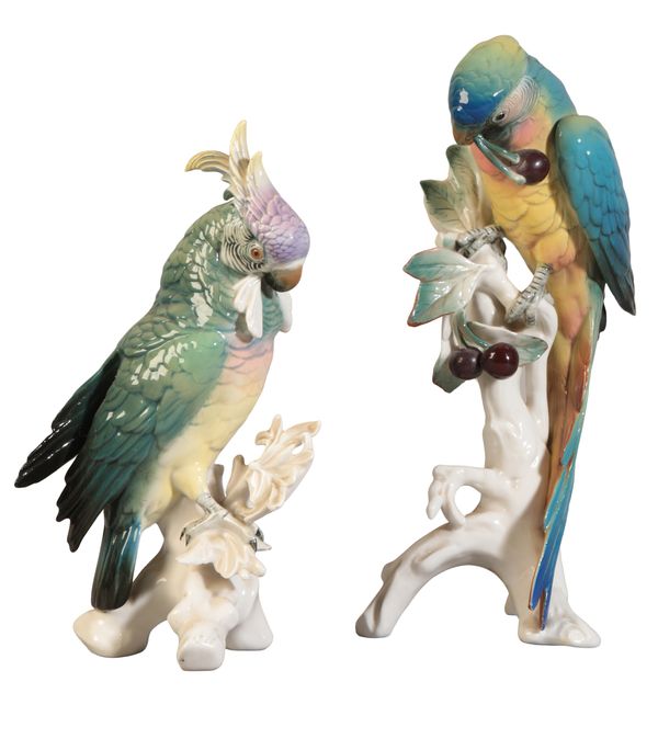 TWO SIMILAR GERMAN PORCELAIN PARROTS BY KARL ENS