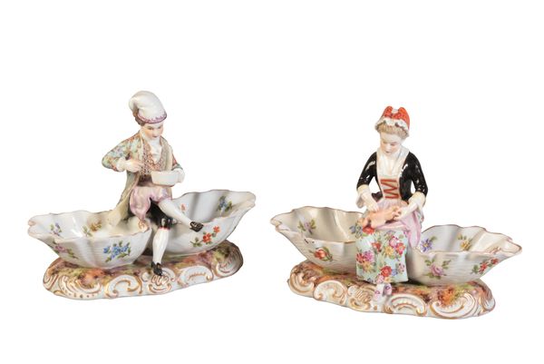 TWO DRESDEN PORCELAIN FIGURAL SWEETMEAT DISHES