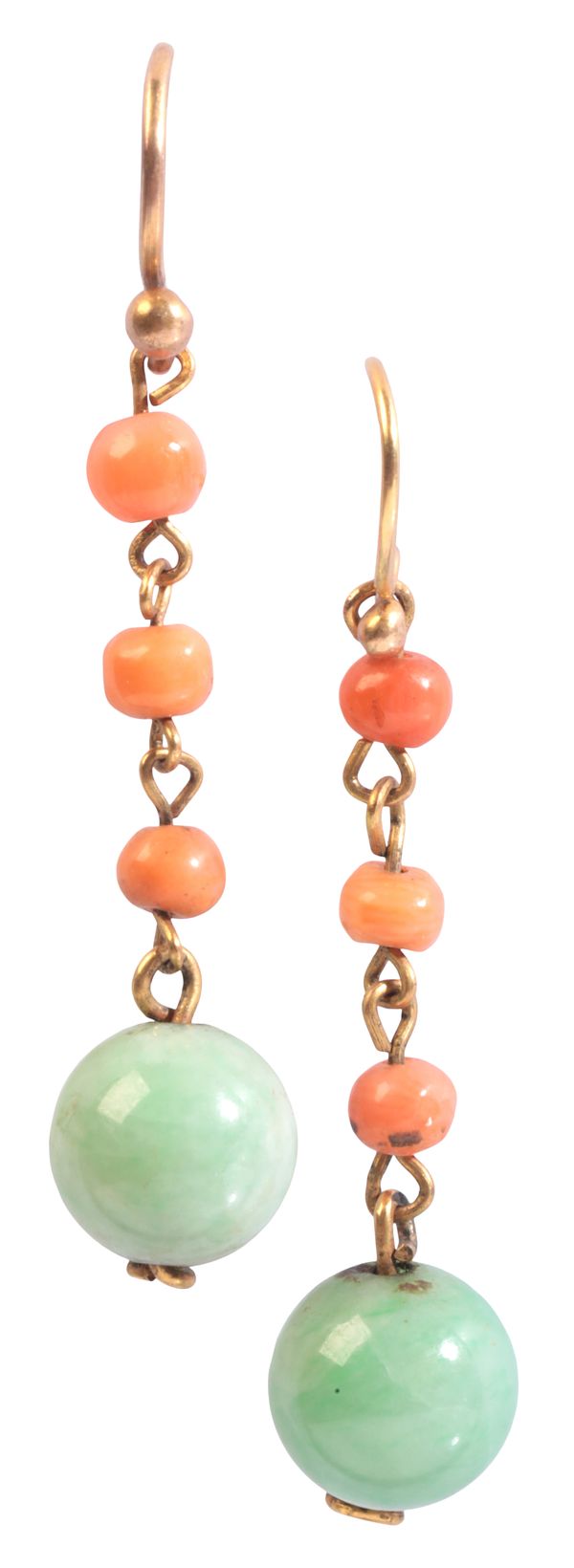 A PAIR OF CORAL AND JADE DROP EARRINGS