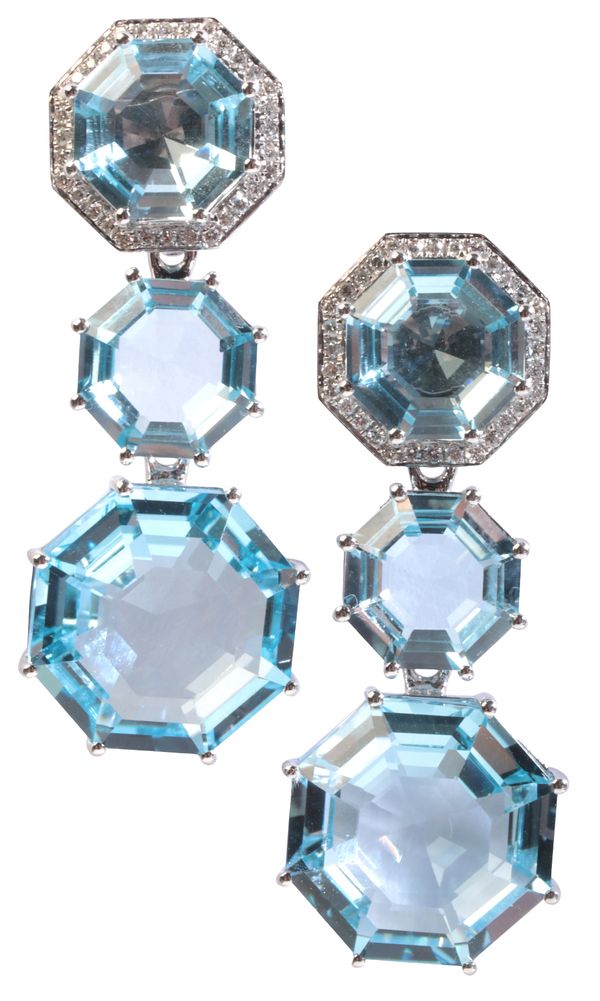 A PAIR OF BLUE TOPAZ AND DIAMOND DROP EARRINGS