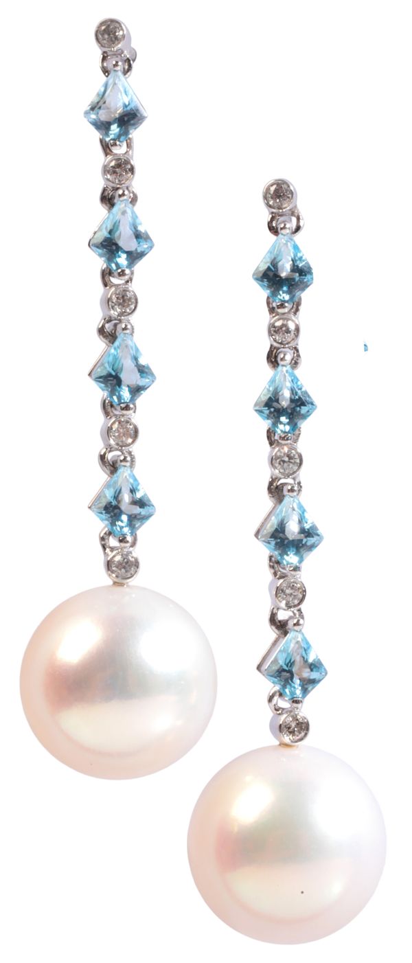 A PAIR OF BLUE TOPAZ AND PEARL DROP EARRINGS