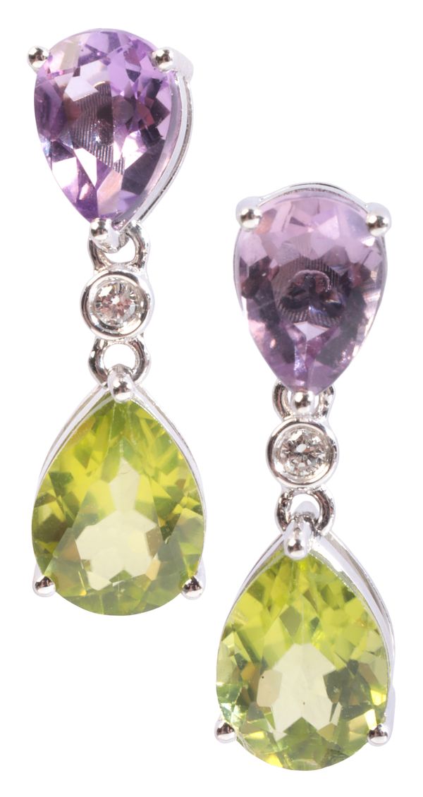 A PAIR OF AMETHYST, PERIDOT AND DIAMOND DROP EARRINGS