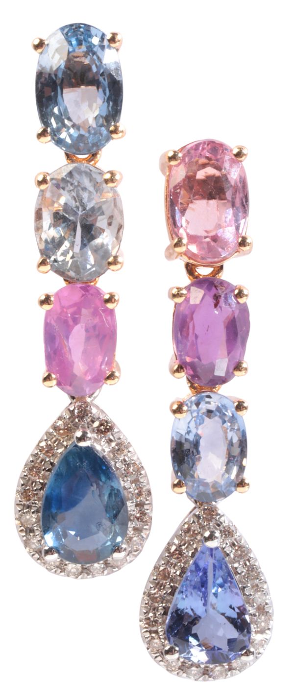 A PAIR OF MULTI-COLOURED SAPPHIRE AND DIAMOND DROP EARRINGS