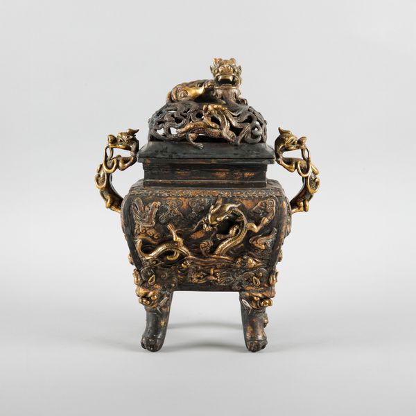 A LARGE CHINESE BRONZE AND PARCEL GILT CENSER
