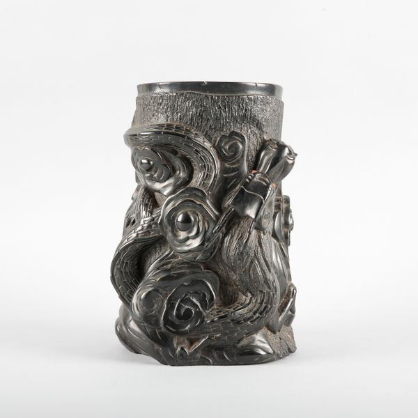 A LARGE BLACK LACQUER RESIN 'DRAGON' BRUSH POT