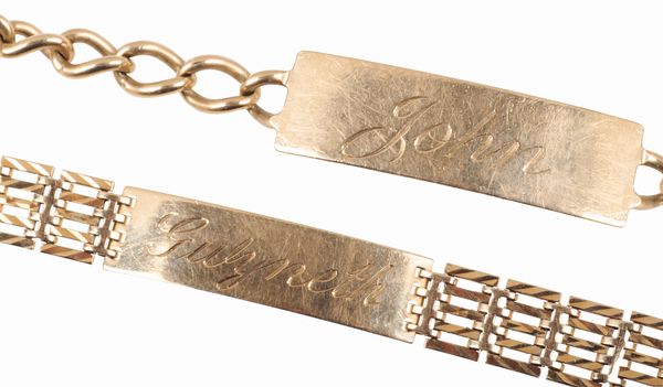 TWO 9CT YELLOW GOLD IDENTITY BRACELETS