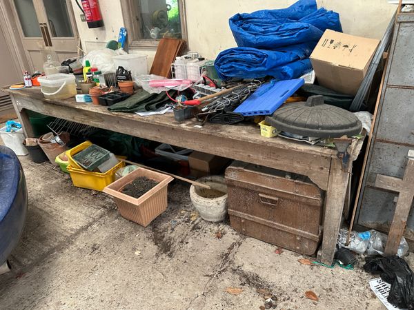 A VERY LARGE PINE GARDEN TABLE