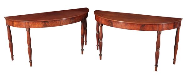 A PAIR OF MAHOGANY DEMI LUNE CONSOLE TABLES