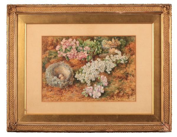 JOHN JESSOP HARDWICK (1832-1917) A still life study of flowers and a bird's nest on a mossy bank