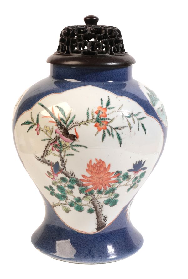 A CHINESE PORCELAIN POWDER BLUE FAMILLE VERTE BALUSTER VASE