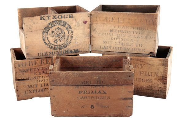 FIVE WOODEN CARTRIDGE SHIPPING CRATES