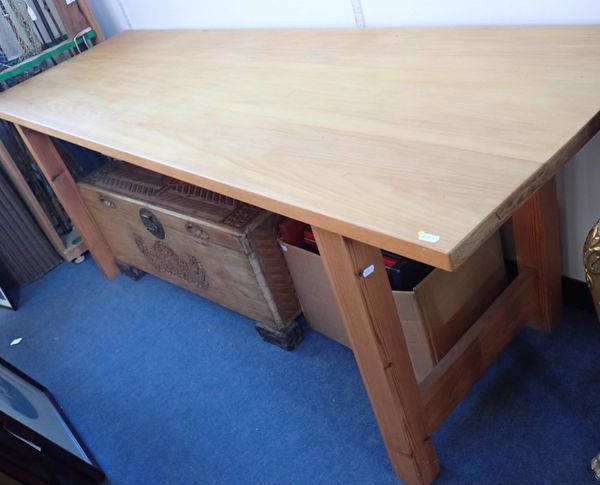 A MODERN PINE LONG RECTANGULAR KITCHEN TABLE