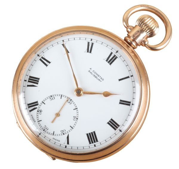 A. CONSTAD OF SALISBURY: A 9CT GOLD OPEN FACE POCKET WATCH