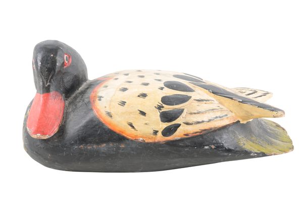 AN INDIAN PAINTED WOODEN DUCK DECOY
