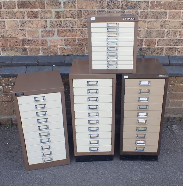 FOUR VINTAGE STEEL OFFICE FILING CABINETS