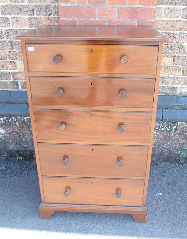 A MAHOGANY NARROW CHEST OF FIVE DRAWERS