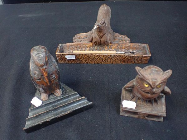 TWO BLACK FOREST OWL INKWELLS