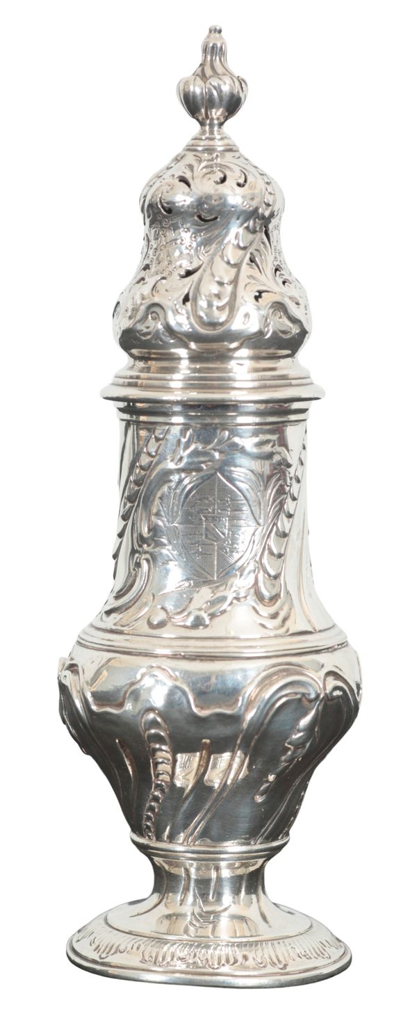 AN EARLY GEORGE III SILVER CASTER