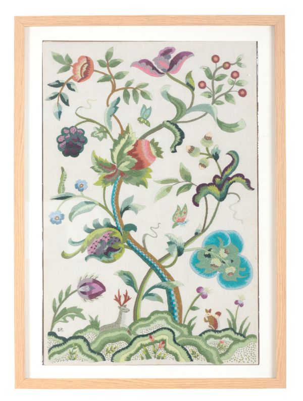 A FRAMED SILK EMBROIDERY OF A FLOWER BASKET