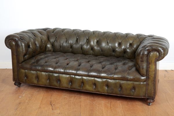 A GREEN LEATHER BUTTON-BACK CHESTERFIELD SOFA