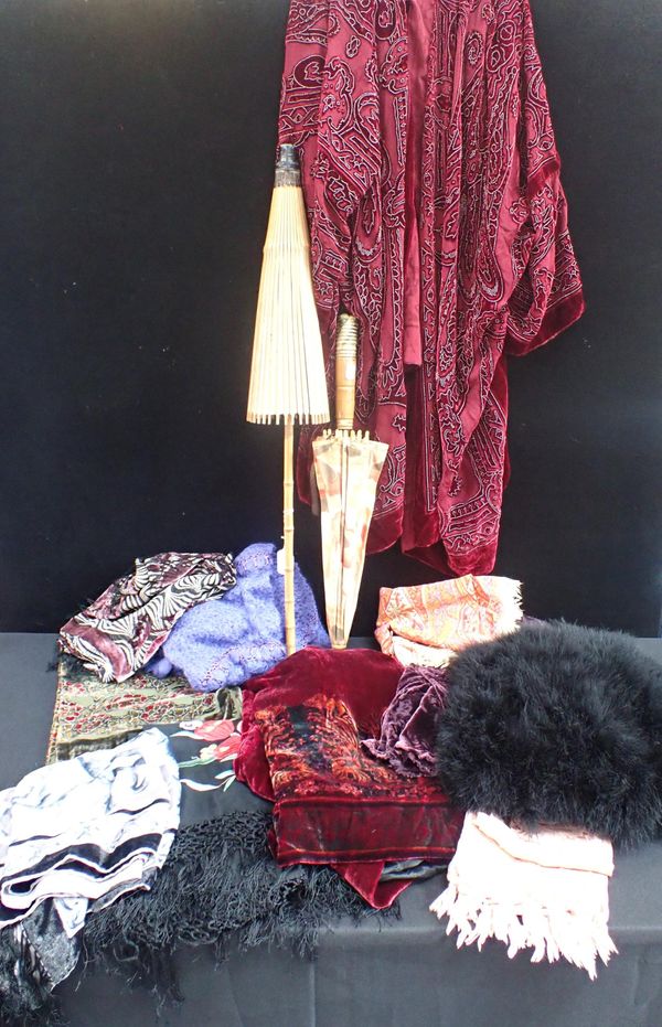 A COLLECTION OF VELVET SCARVES,  AN ETCHED VELVET JACKET