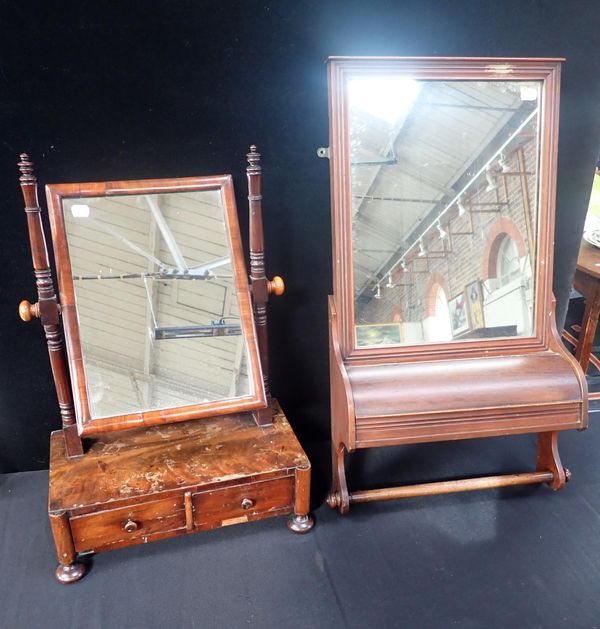 A VICTORIAN WALL MIRROR WITH BRUSH BOX AND TOWEL RAIL