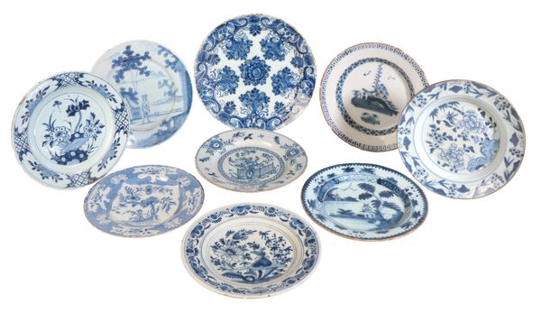 A COLLECTION OF NINE BLUE AND WHITE DELFT PLATES