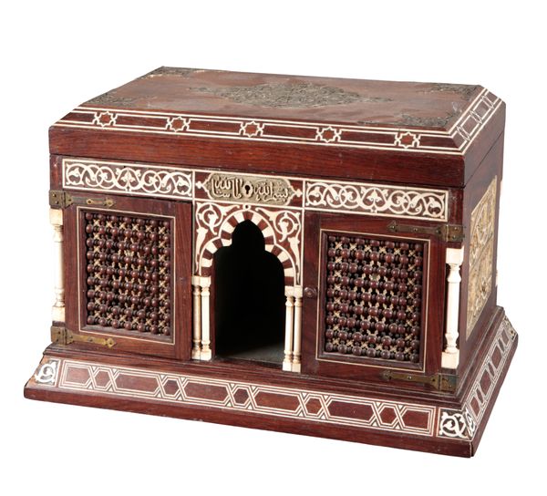 AN ARABIC BRASS BOUND, BONE AND IVORY INLAID WORK BOX