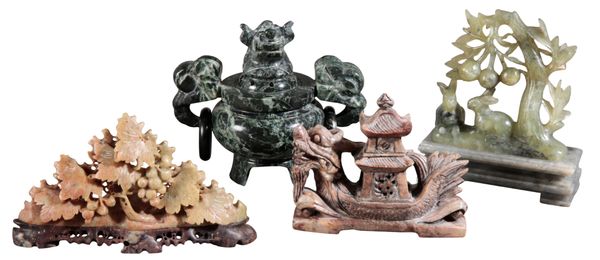 A GROUP OF FOUR CHINESE SOAPSTONE CARVINGS