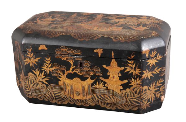 A CHINESE EXPORT BLACK LACQUER TEA CADDY