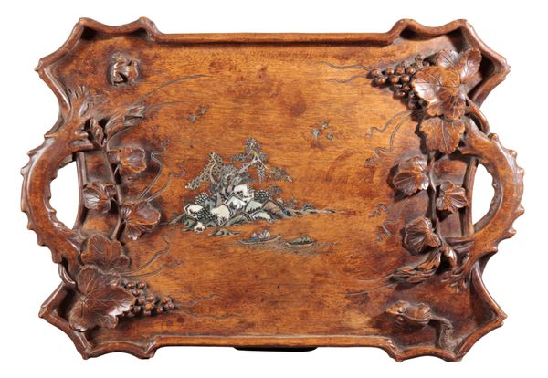 A CHINESE HARDWOOD AND MOTHER OF PEARL INLAID TRAY