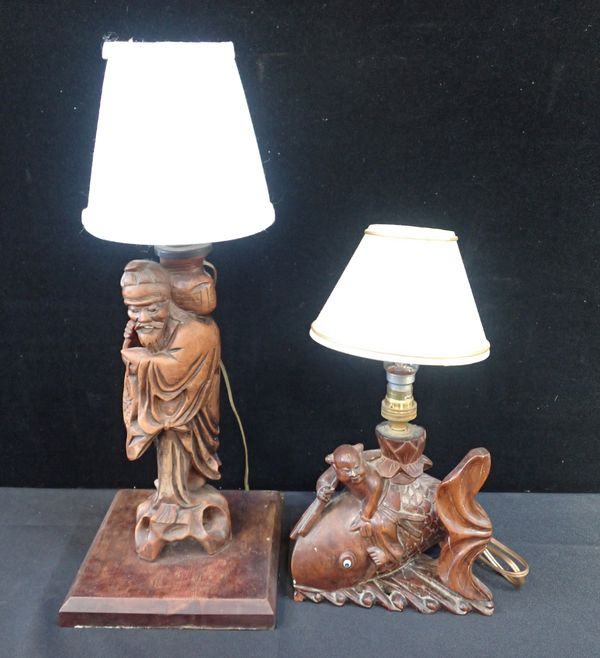 TWO CHINESE FIGURAL CARVED WOOD TABLE LAMPS